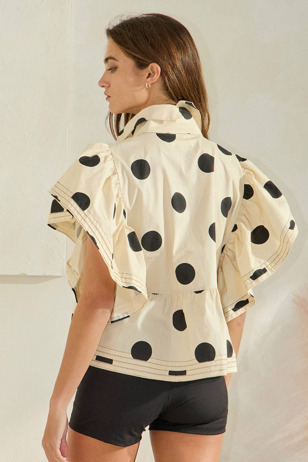Ruffle Sleeves Pintuck Detail Polka Dot