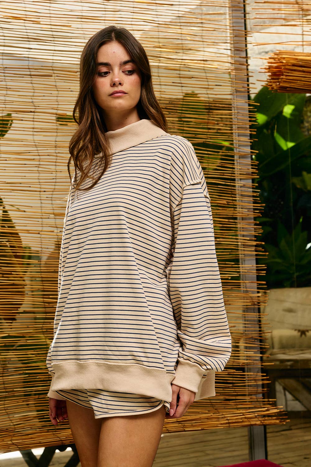 IT2594-STRIPE1 | Stripe Print Mock Neck Oversized Sweatshirt: PEACH / BLUE / S/M-L/XL (3-3)