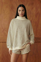 IT2594-STRIPE1 | Stripe Print Mock Neck Oversized Sweatshirt: PEACH / BLUE / S/M-L/XL (3-3)