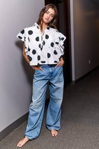 Ruffle Sleeves Pintuck Detail Polka Dot