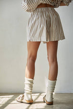 Cotton Striped Wide Leg Shorts Taupe