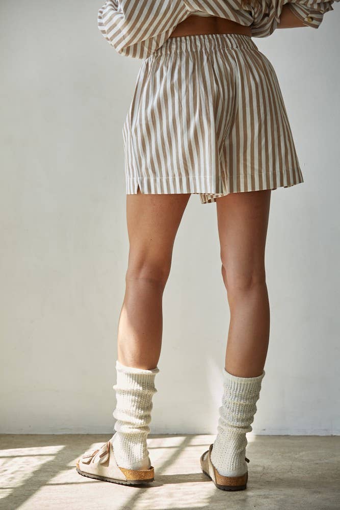 Cotton Striped Wide Leg Shorts Taupe