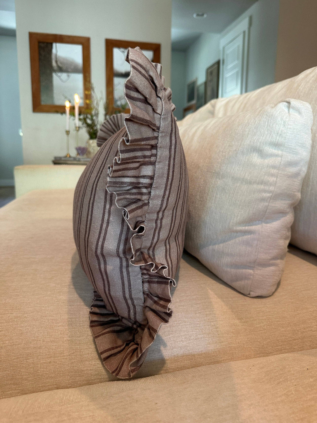 Oatmeal Striped-Ruffle Lumbar Pillow Cover: 14x35 Cover Only
