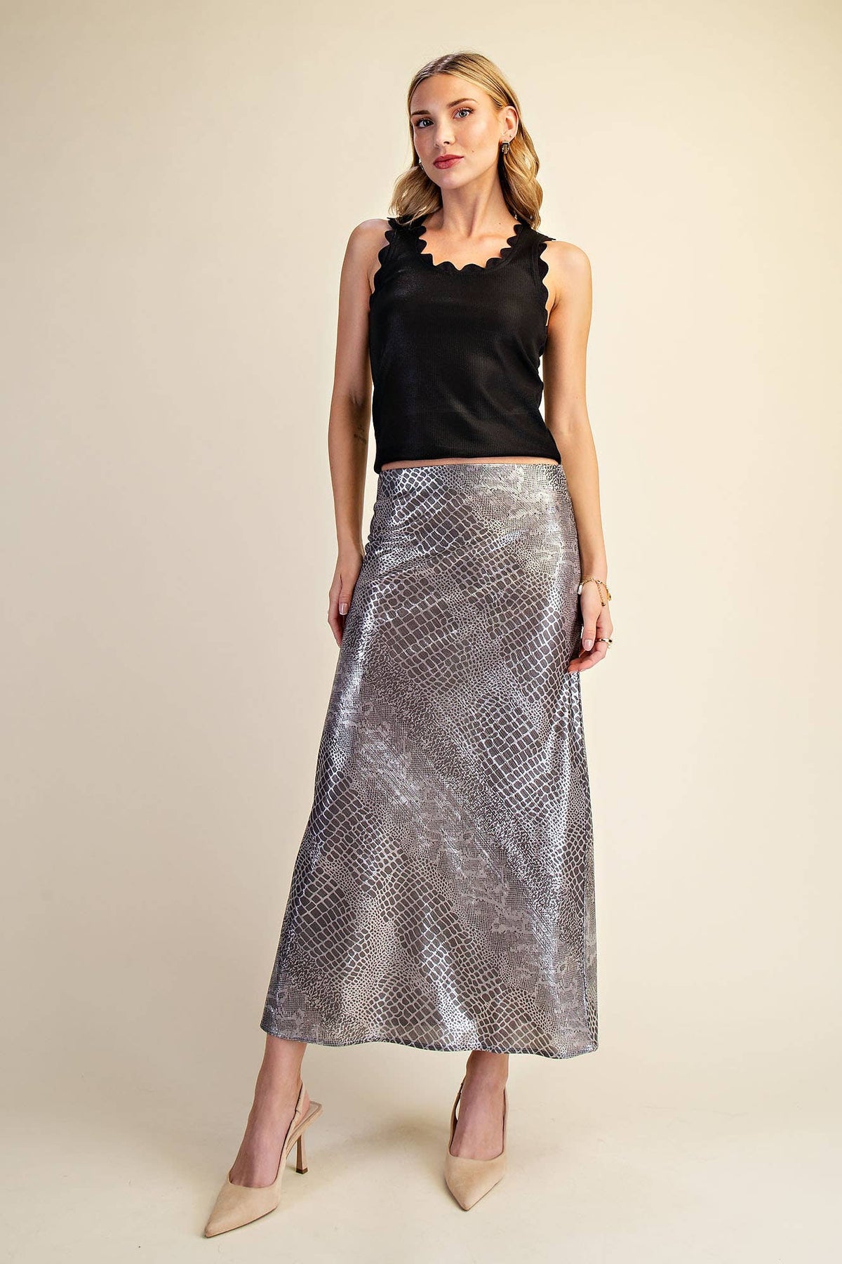 Metallic Animal Print Midi Skirt: Silver / L