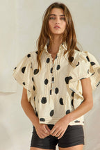 Ruffle Sleeves Pintuck Detail Polka Dot
