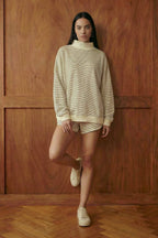 IT2594-STRIPE1 | Stripe Print Mock Neck Oversized Sweatshirt: PEACH / BLUE / S/M-L/XL (3-3)
