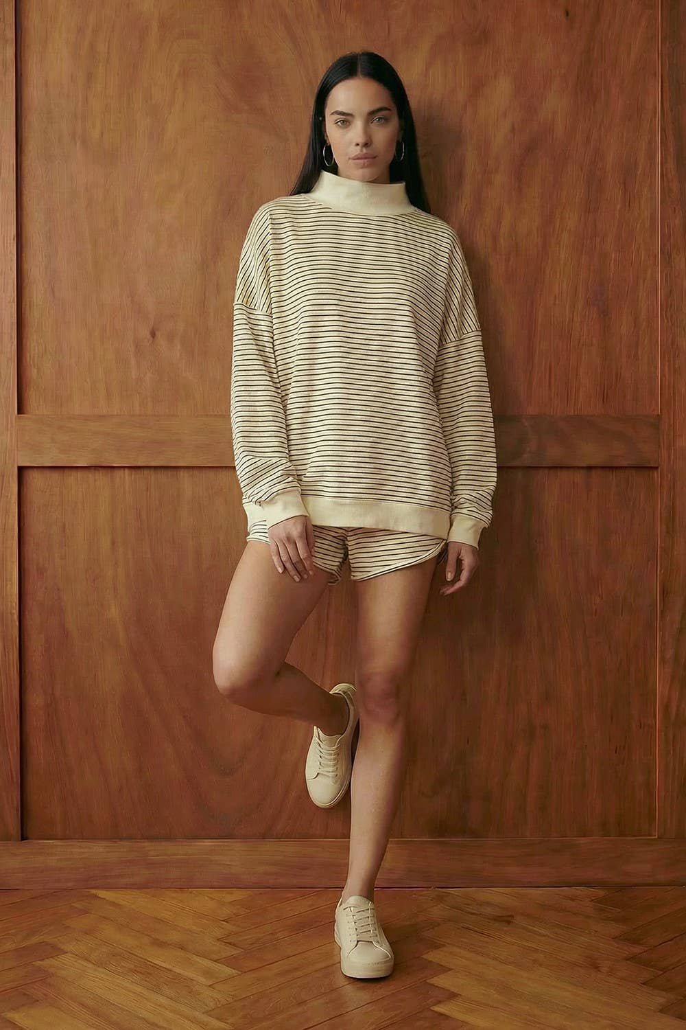 IT2594-STRIPE1 | Stripe Print Mock Neck Oversized Sweatshirt: PEACH / BLUE / S/M-L/XL (3-3)