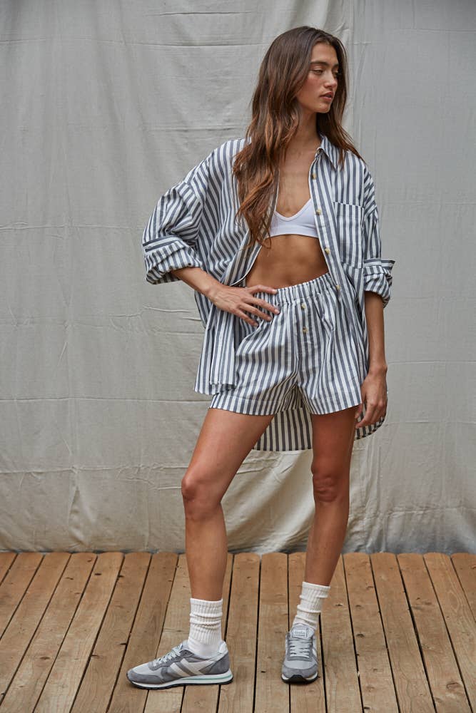Cotton Striped Wide Leg Shorts Taupe