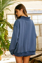 IT2594-STRIPE1 | Stripe Print Mock Neck Oversized Sweatshirt: PEACH / BLUE / S/M-L/XL (3-3)