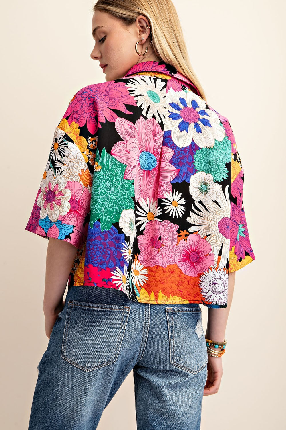 Vibrant Floral Print Cropped Button Down Shirt