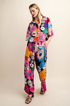 Vibrant Floral Print Cropped Button Down Shirt