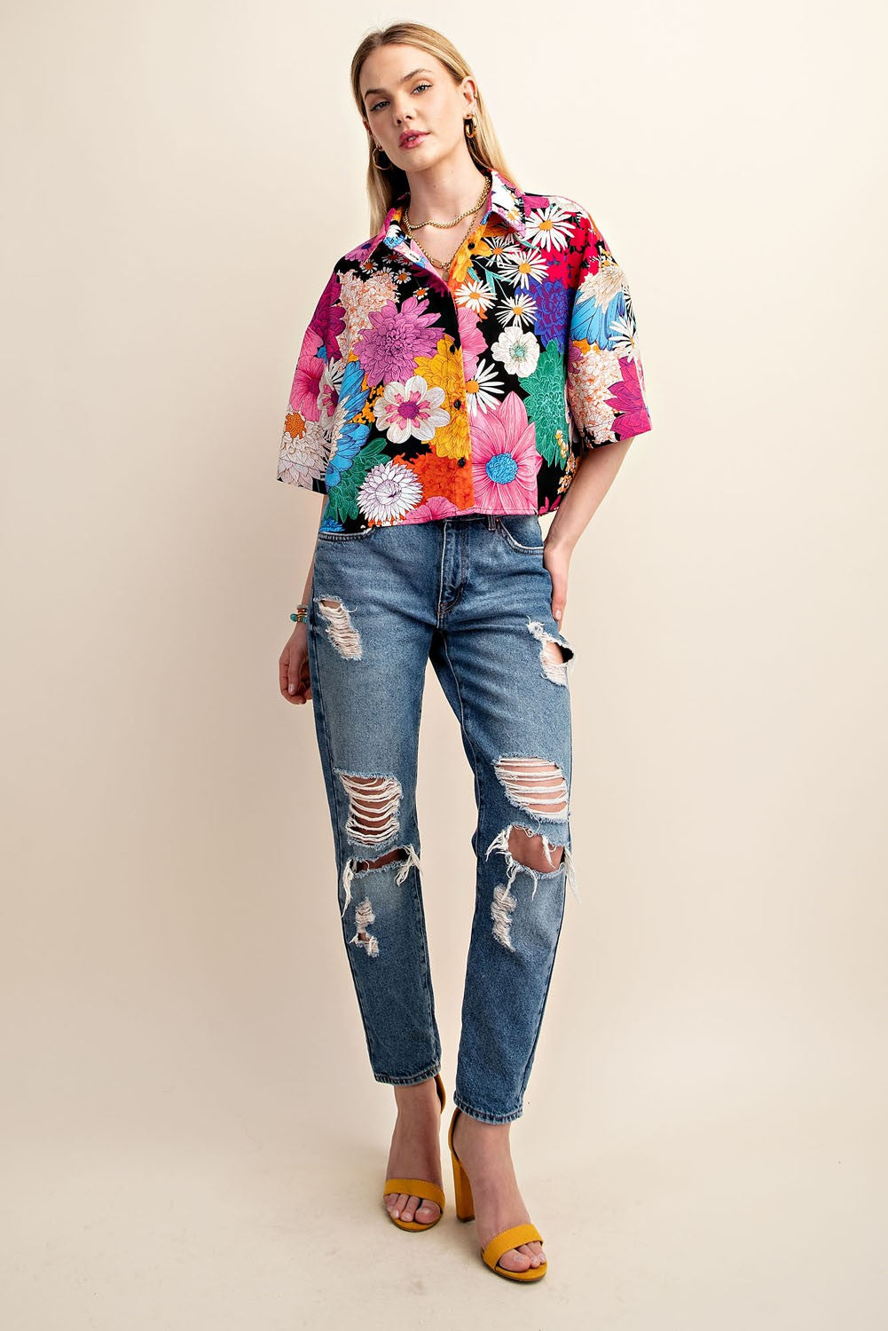 Vibrant Floral Print Cropped Button Down Shirt