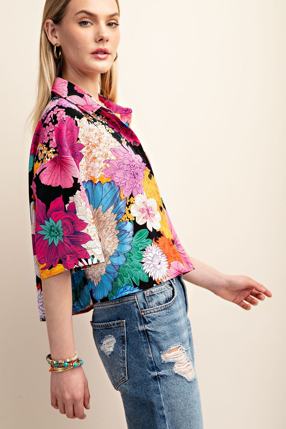 Vibrant Floral Print Cropped Button Down Shirt