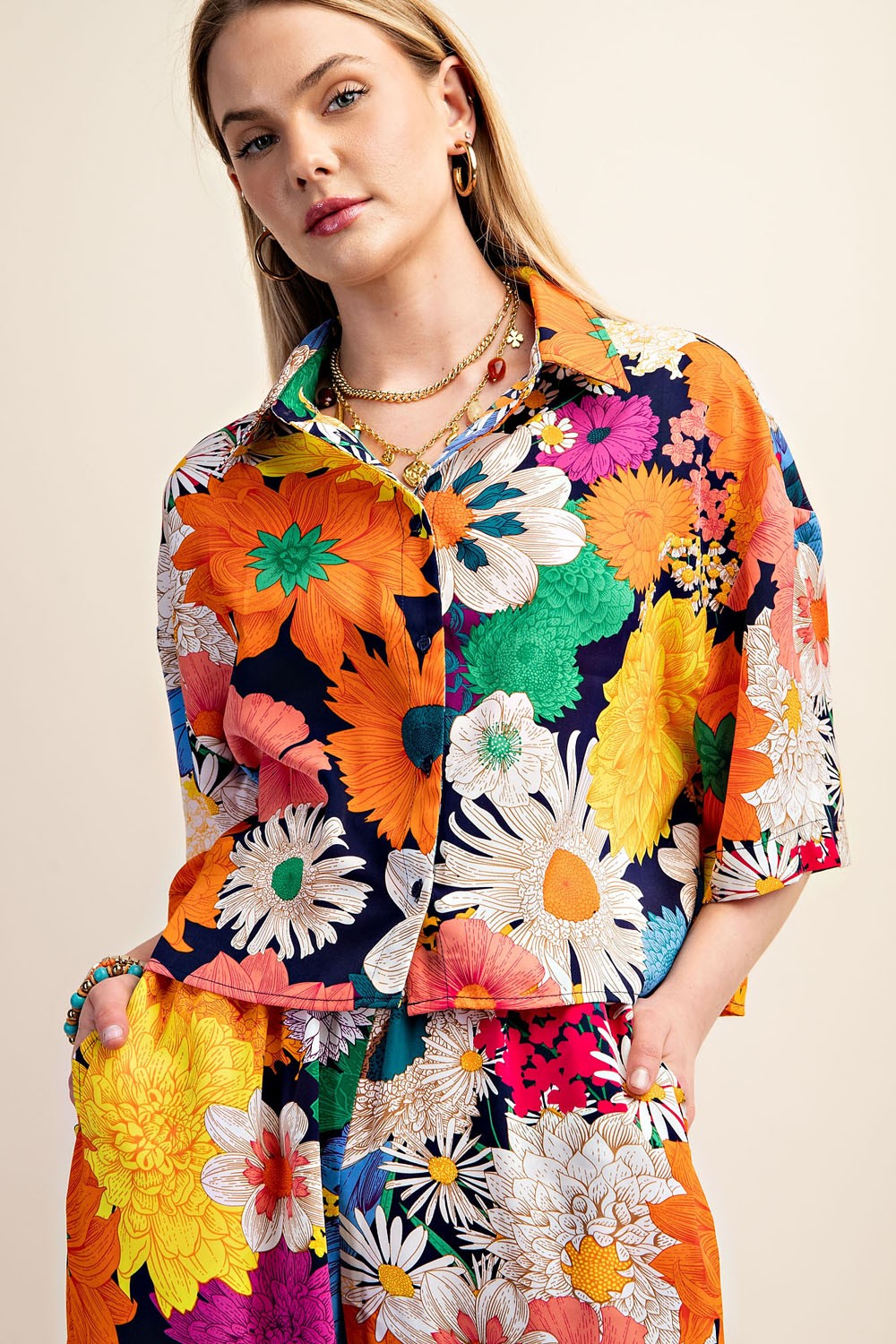 Vibrant Floral Print Cropped Button Down Shirt