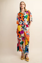 Vibrant Floral Print Cropped Button Down Shirt