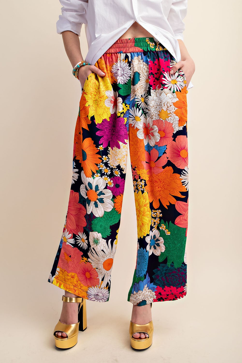 Vibrant Floral Print Elastic Waist Pants