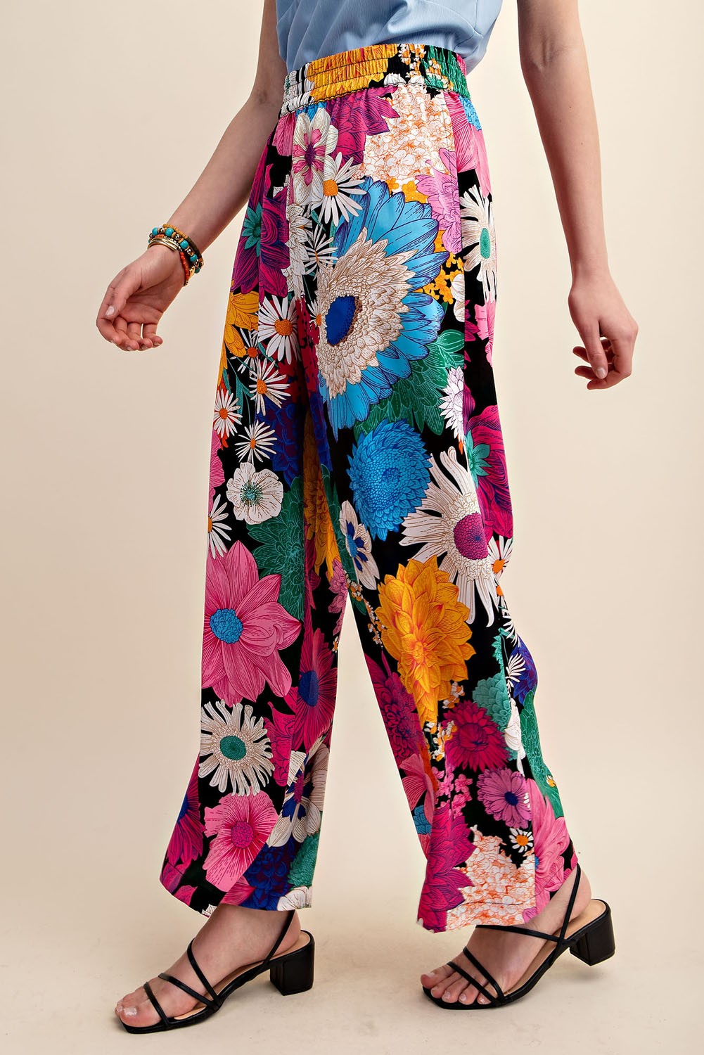 Vibrant Floral Print Elastic Waist Pants