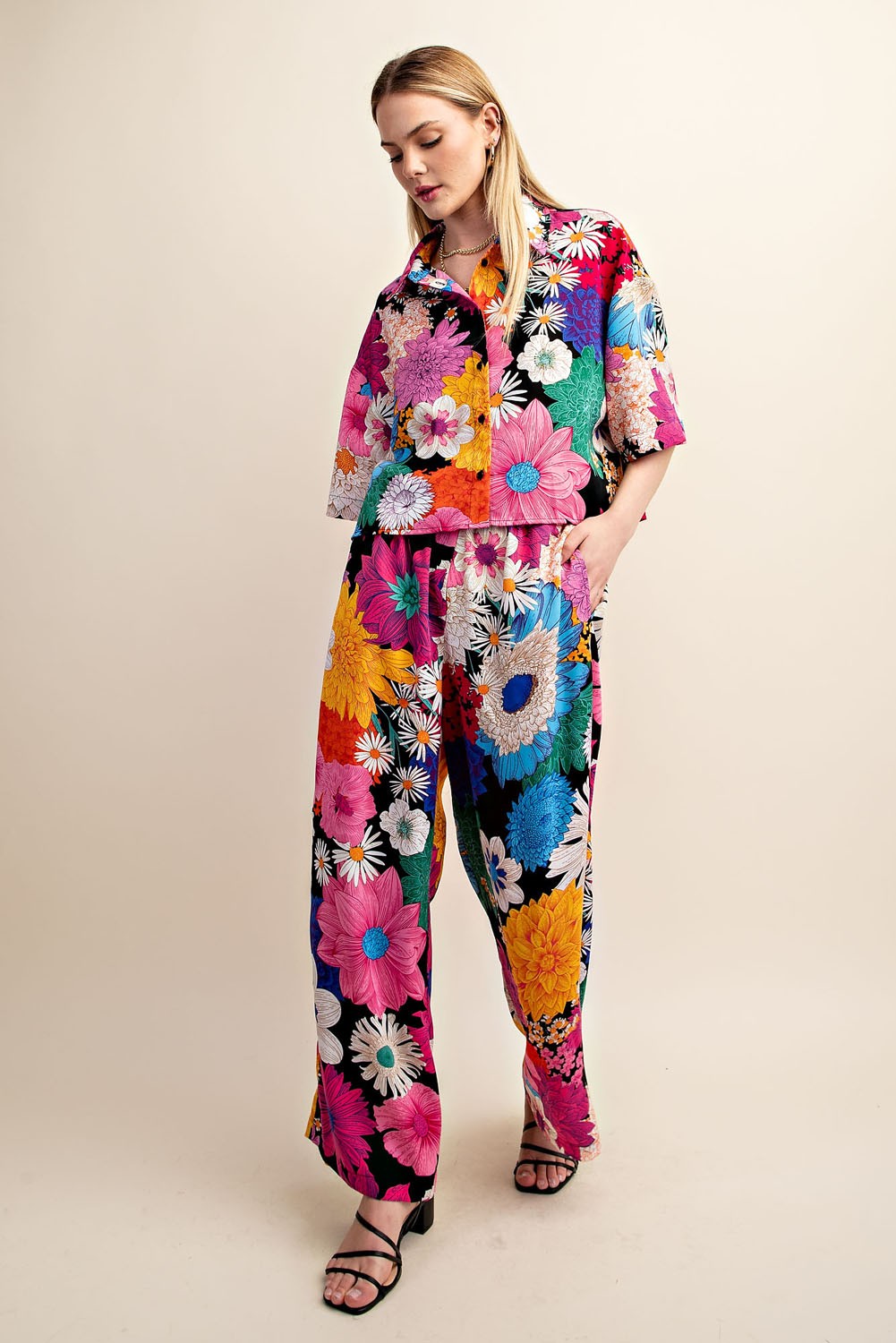 Vibrant Floral Print Elastic Waist Pants