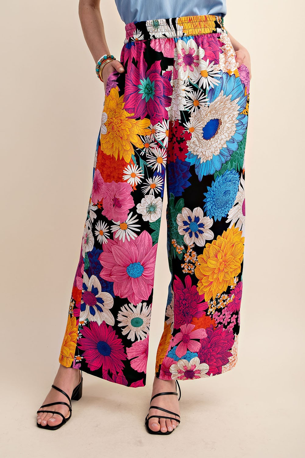 Vibrant Floral Print Elastic Waist Pants