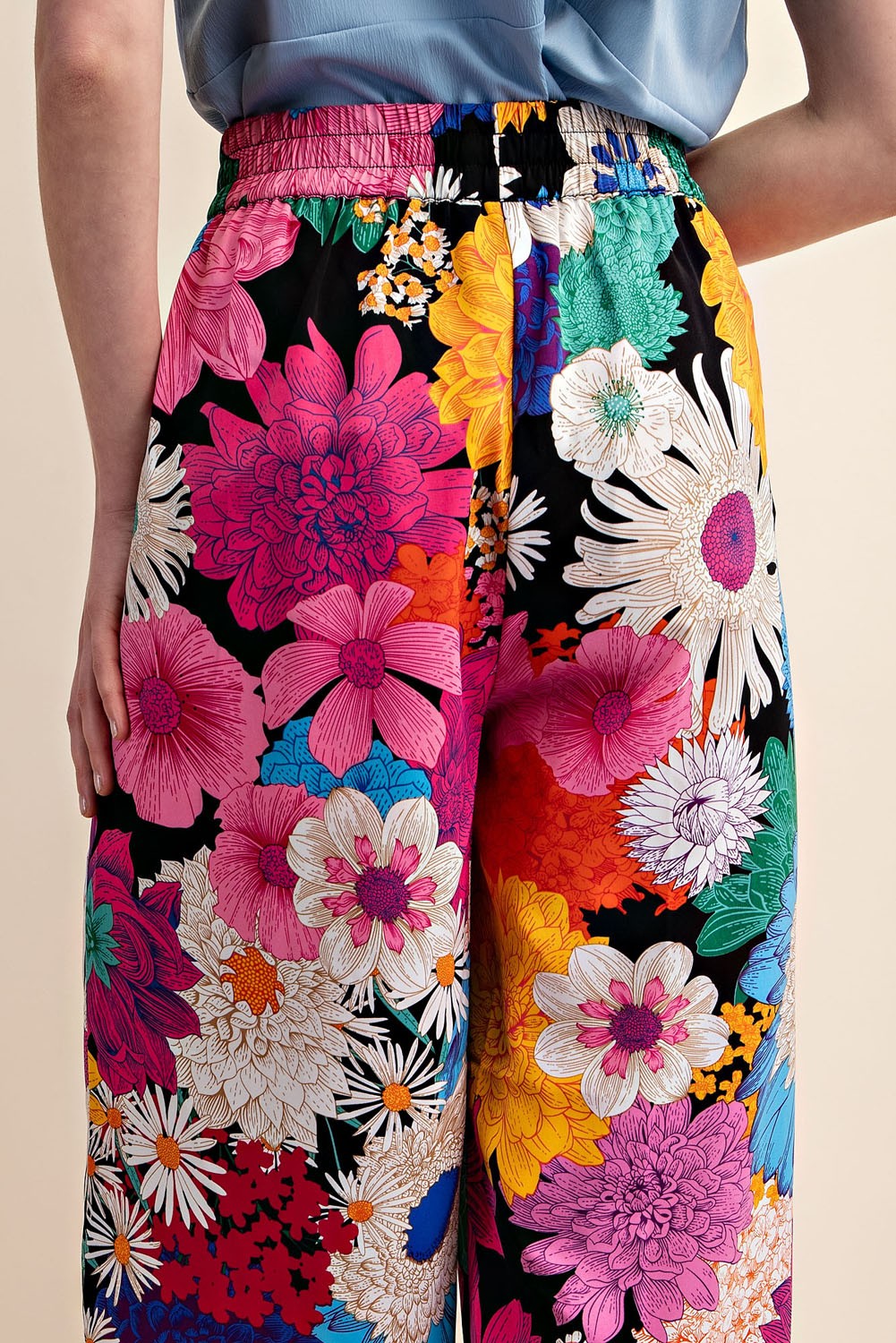 Vibrant Floral Print Elastic Waist Pants