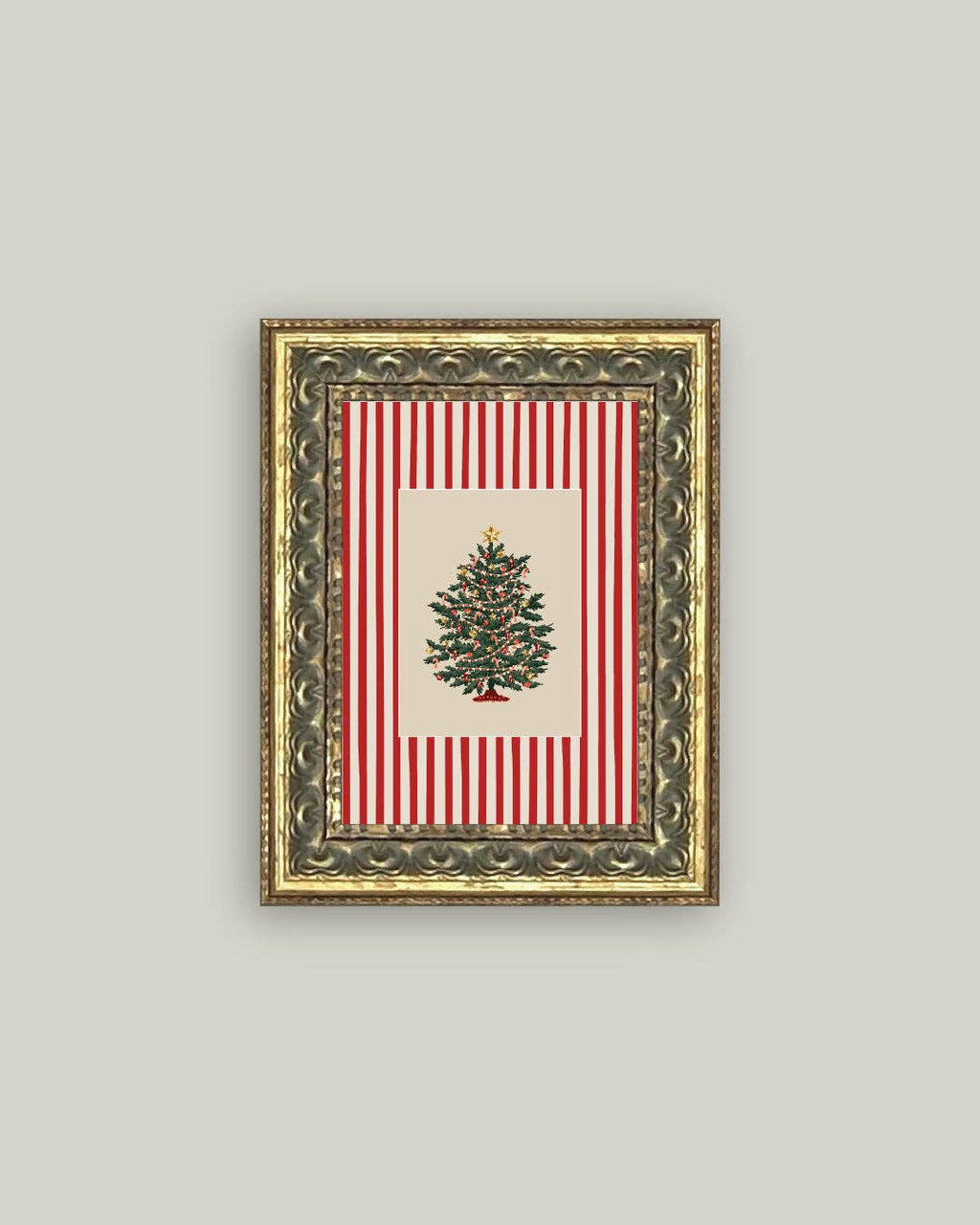 Peppermint Stripe Tree Framed Antique Art: 8x10