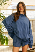 IT2594-STRIPE1 | Stripe Print Mock Neck Oversized Sweatshirt: PEACH / BLUE / S/M-L/XL (3-3)