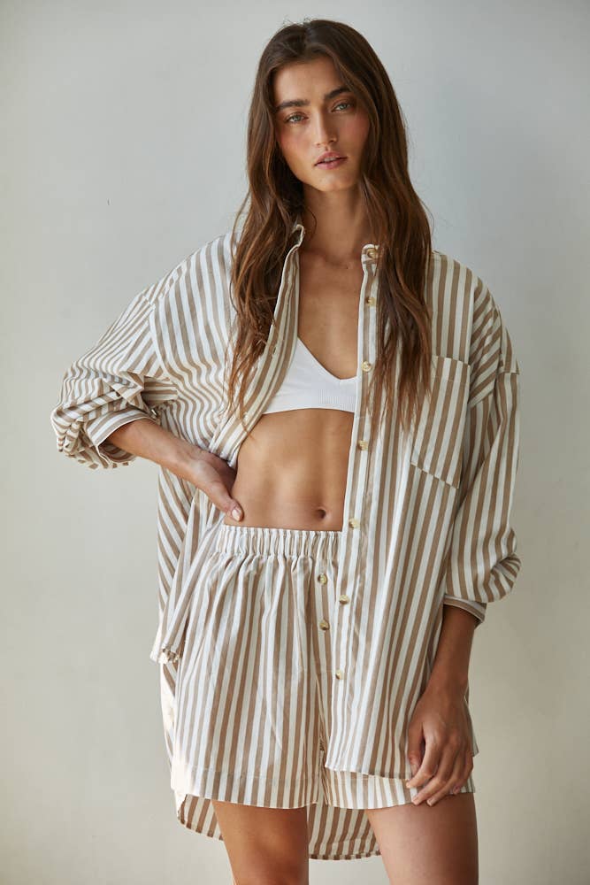 Cotton Striped Oversized Shirt Taupe