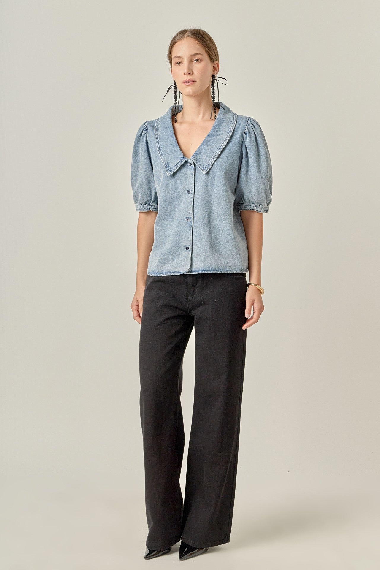 Deep V-Neck Button Up Denim Shirt