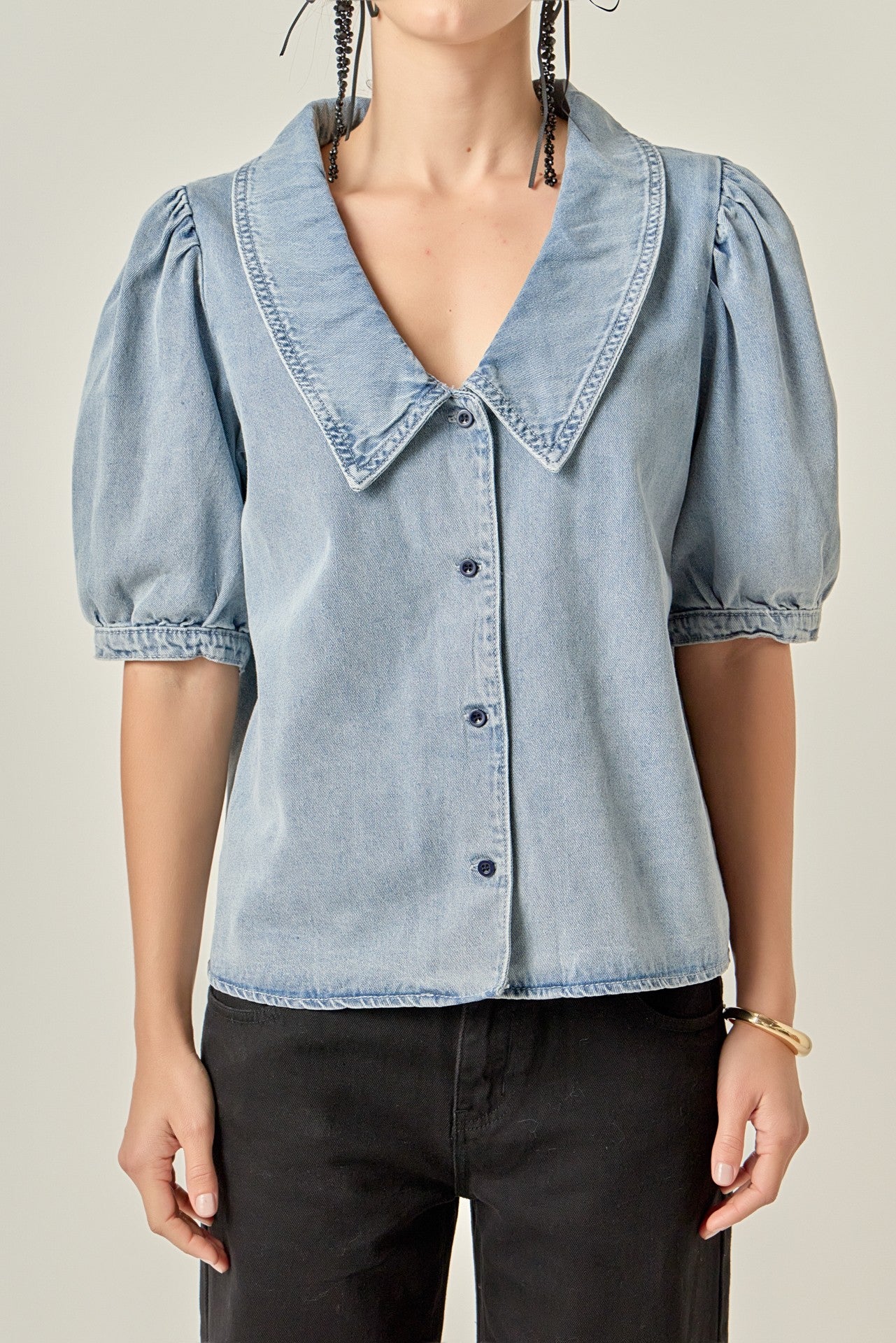 Deep V-Neck Button Up Denim Shirt