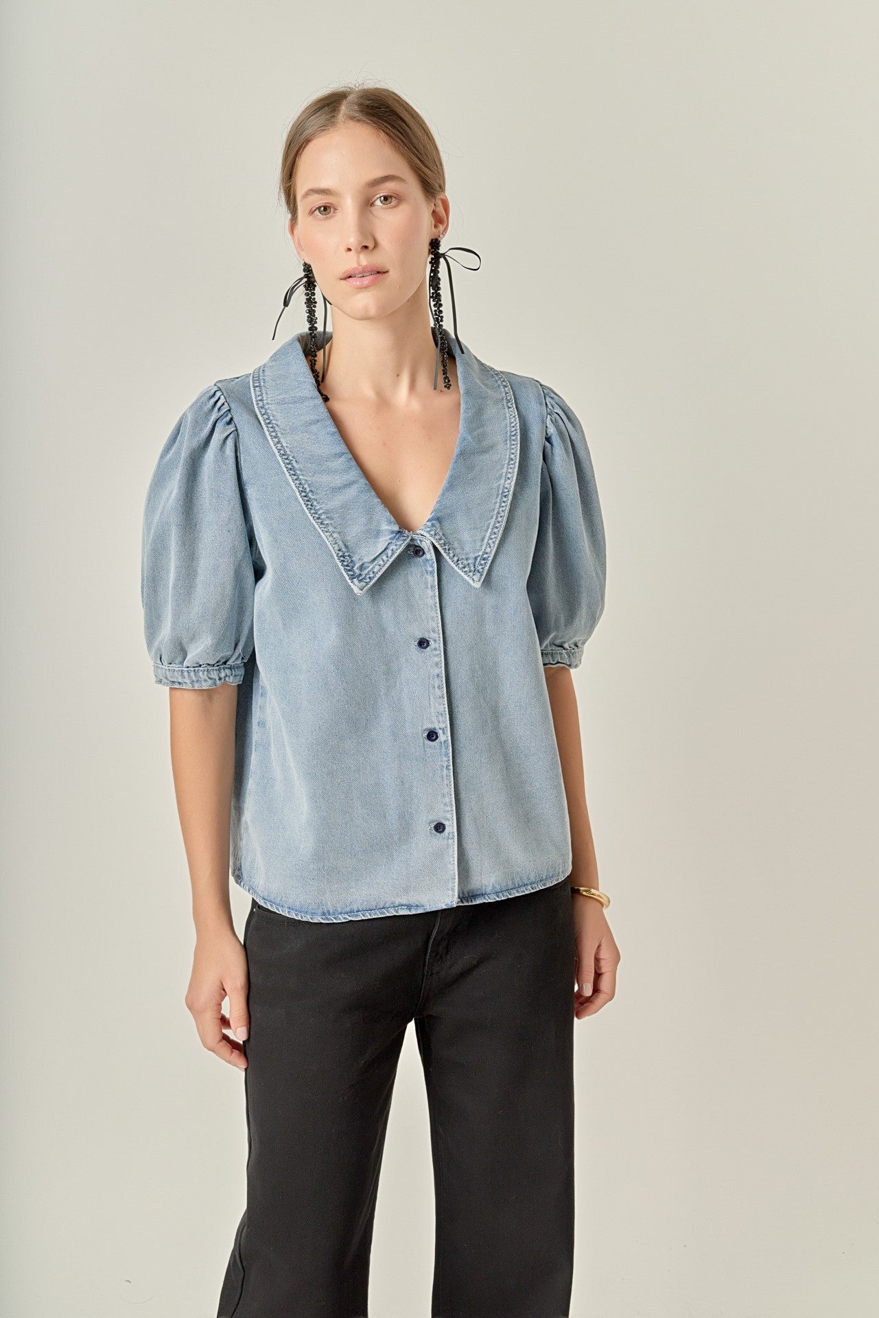 Deep V-Neck Button Up Denim Shirt