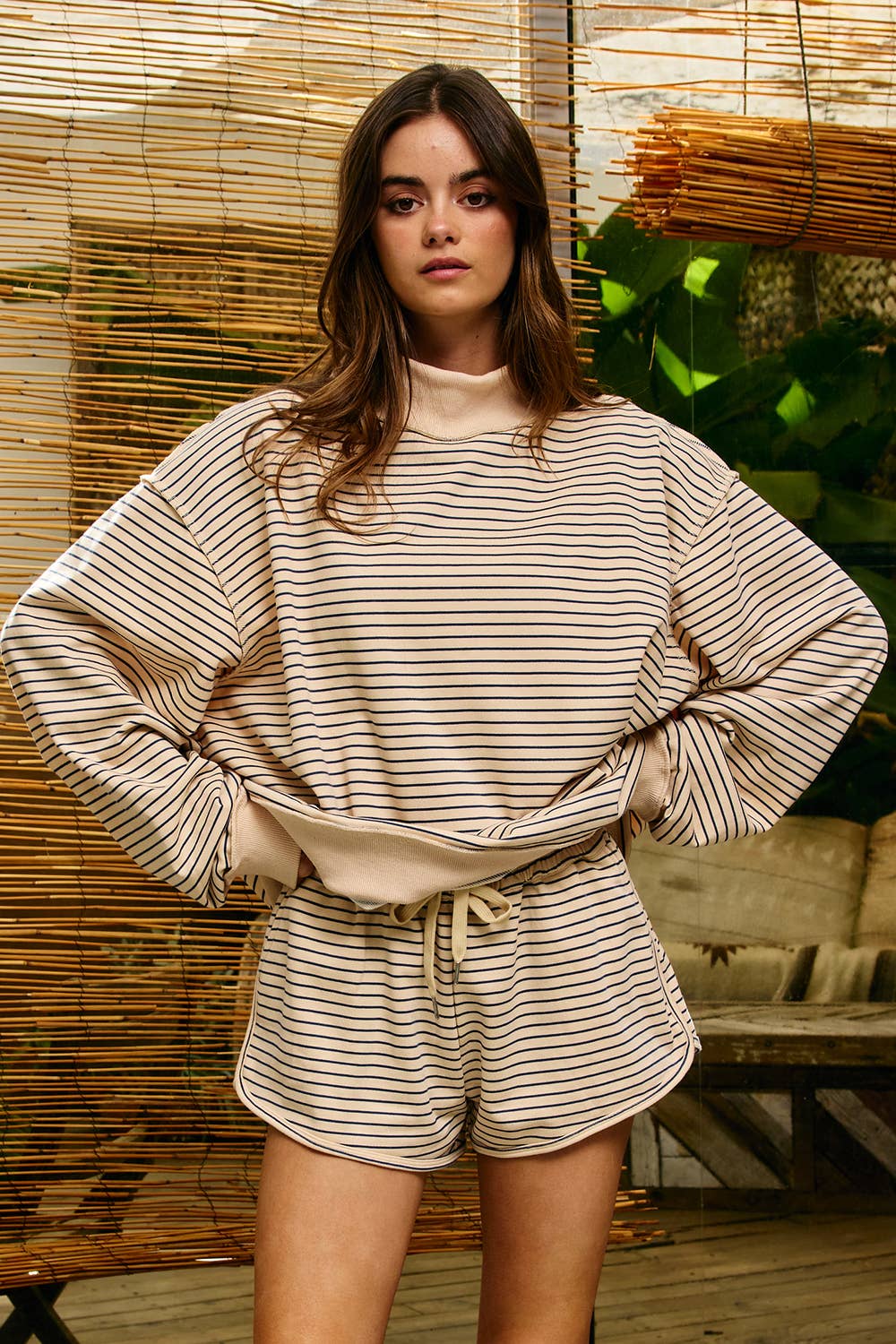 IT2594-STRIPE1 | Stripe Print Mock Neck Oversized Sweatshirt: PEACH / BLUE / S/M-L/XL (3-3)