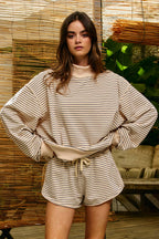 IT2594-STRIPE1 | Stripe Print Mock Neck Oversized Sweatshirt: PEACH / BLUE / S/M-L/XL (3-3)