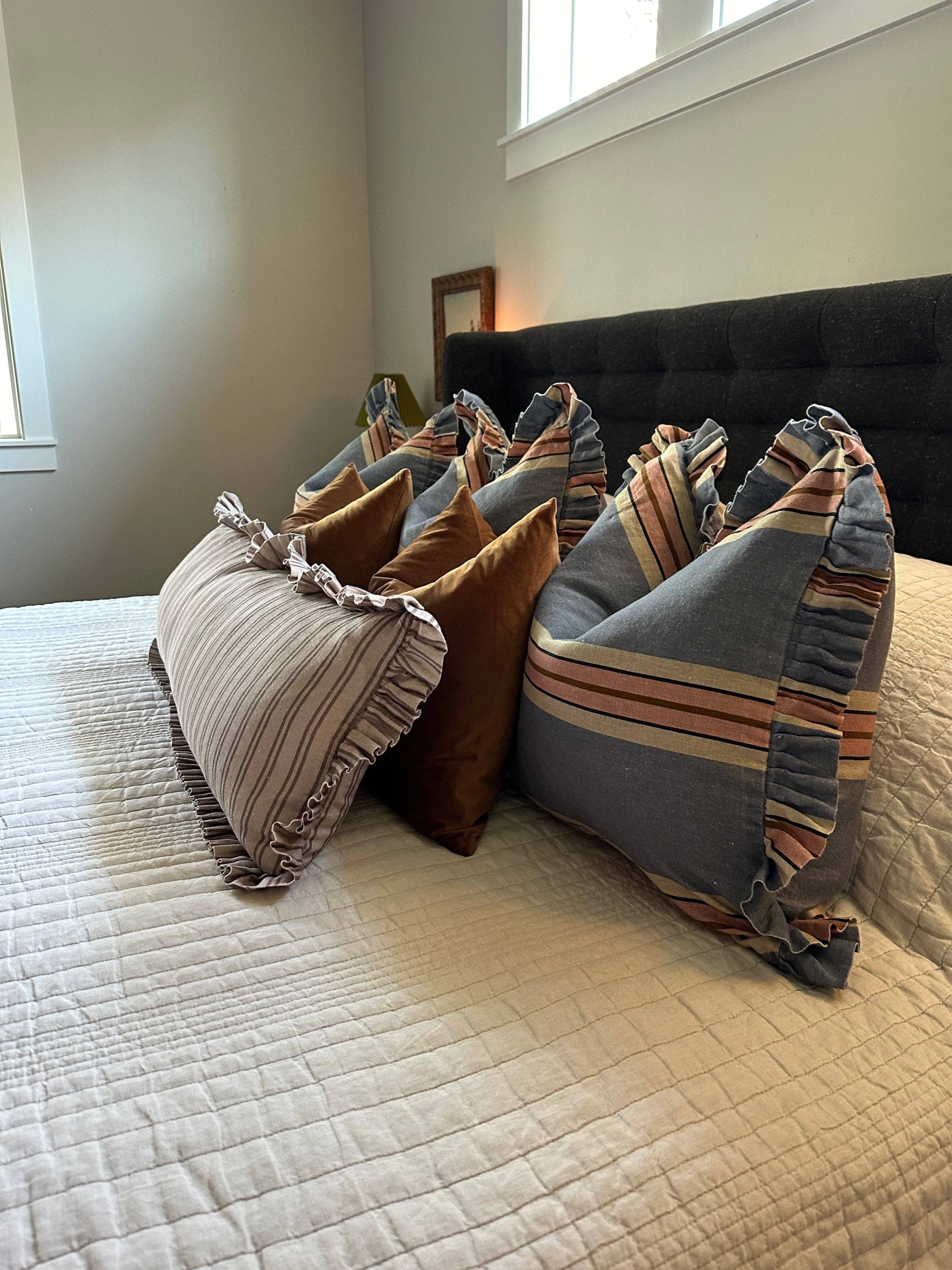 Oatmeal Striped-Ruffle Lumbar Pillow Cover: 14x35 Cover Only