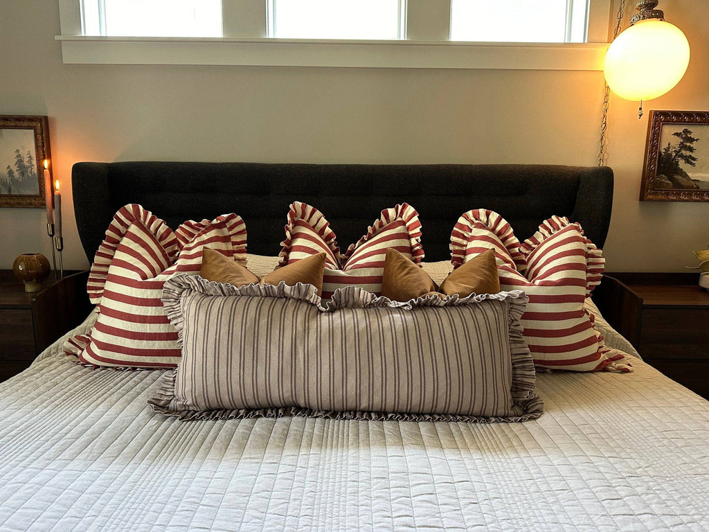Oatmeal Striped-Ruffle Lumbar Pillow Cover: 14x35 Cover Only