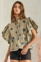 Ruffle Sleeves Pintuck Detail Polka Dot