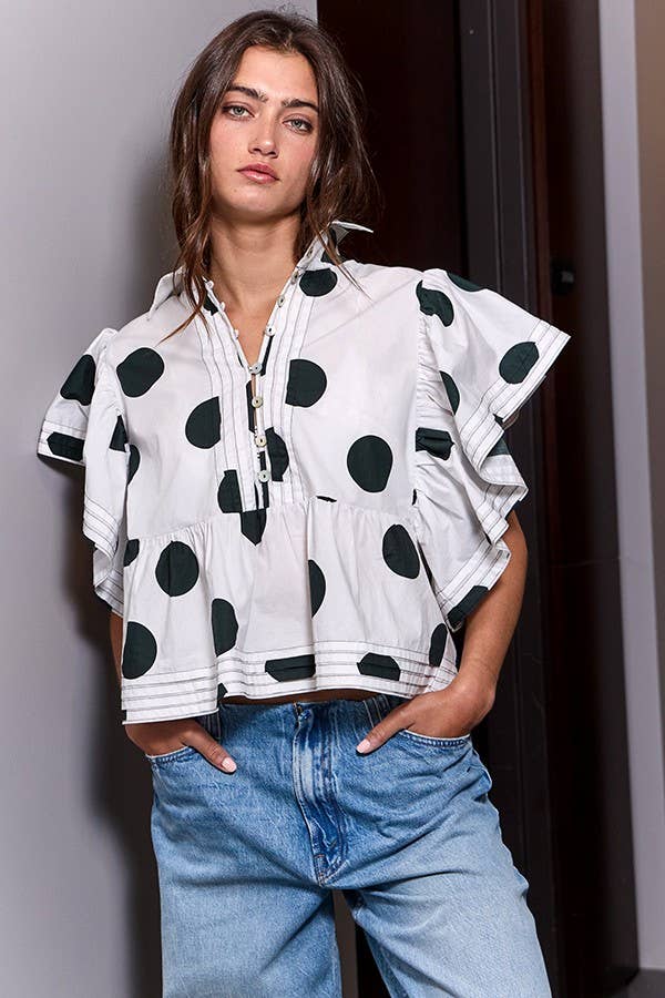 Ruffle Sleeves Pintuck Detail Polka Dot