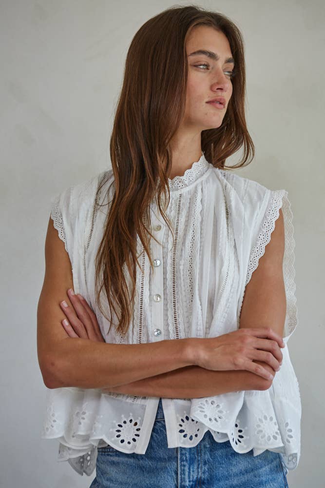 Cotton Eyelet Buttondown Sleeveless Top