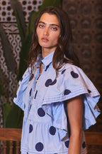 Ruffle Sleeves Pintuck Detail Polka Dot