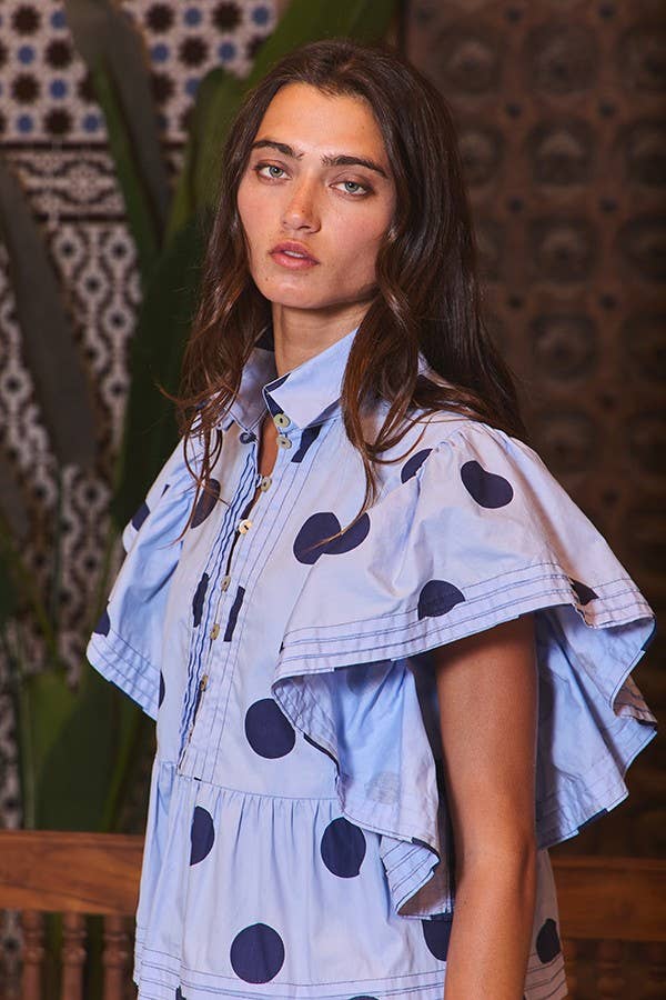 Ruffle Sleeves Pintuck Detail Polka Dot