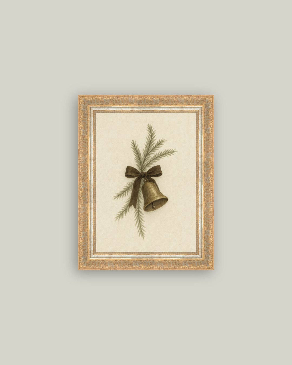 Bell with Pine Framed Antique Art: 7x9