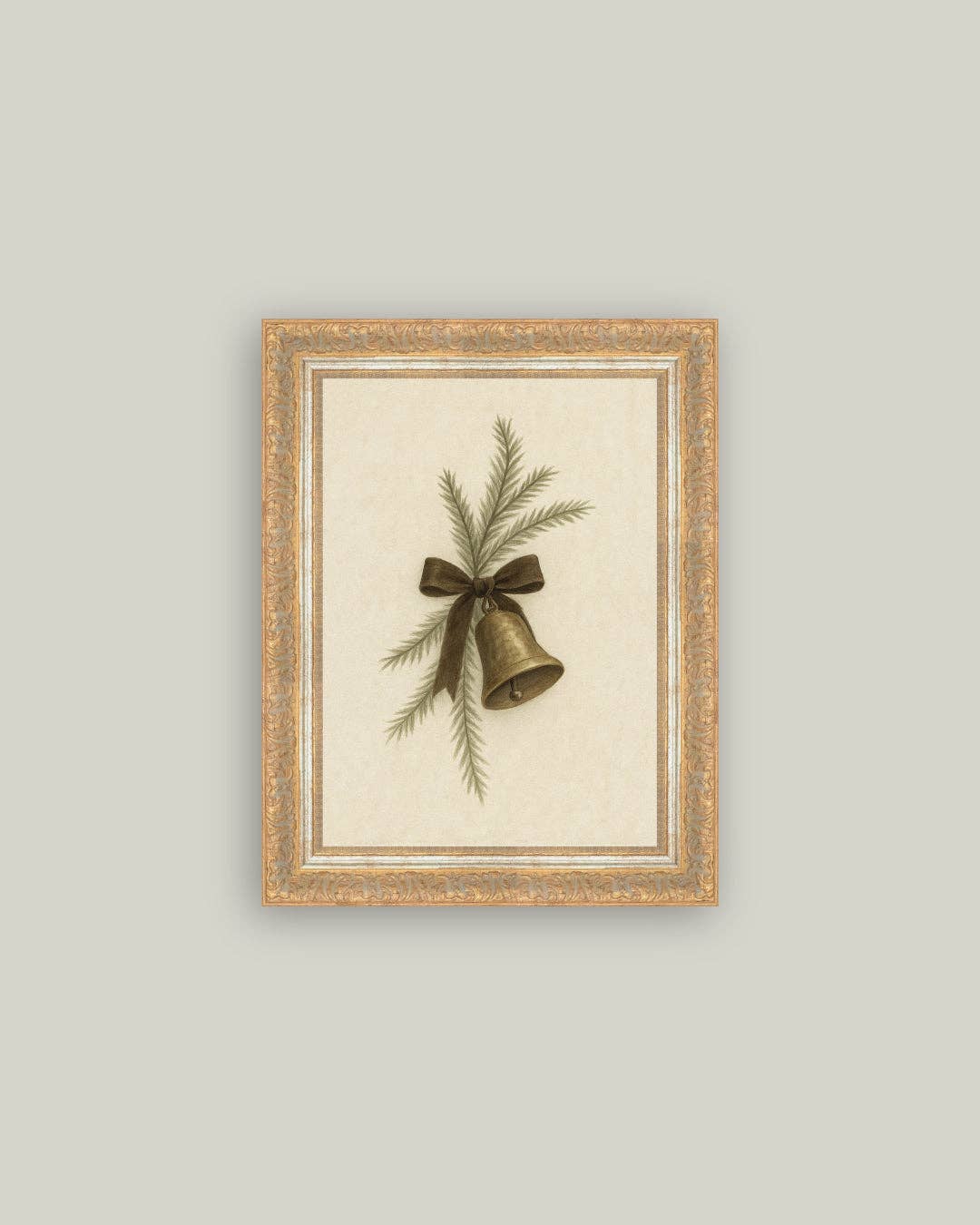 Bell with Pine Framed Antique Art: 7x9