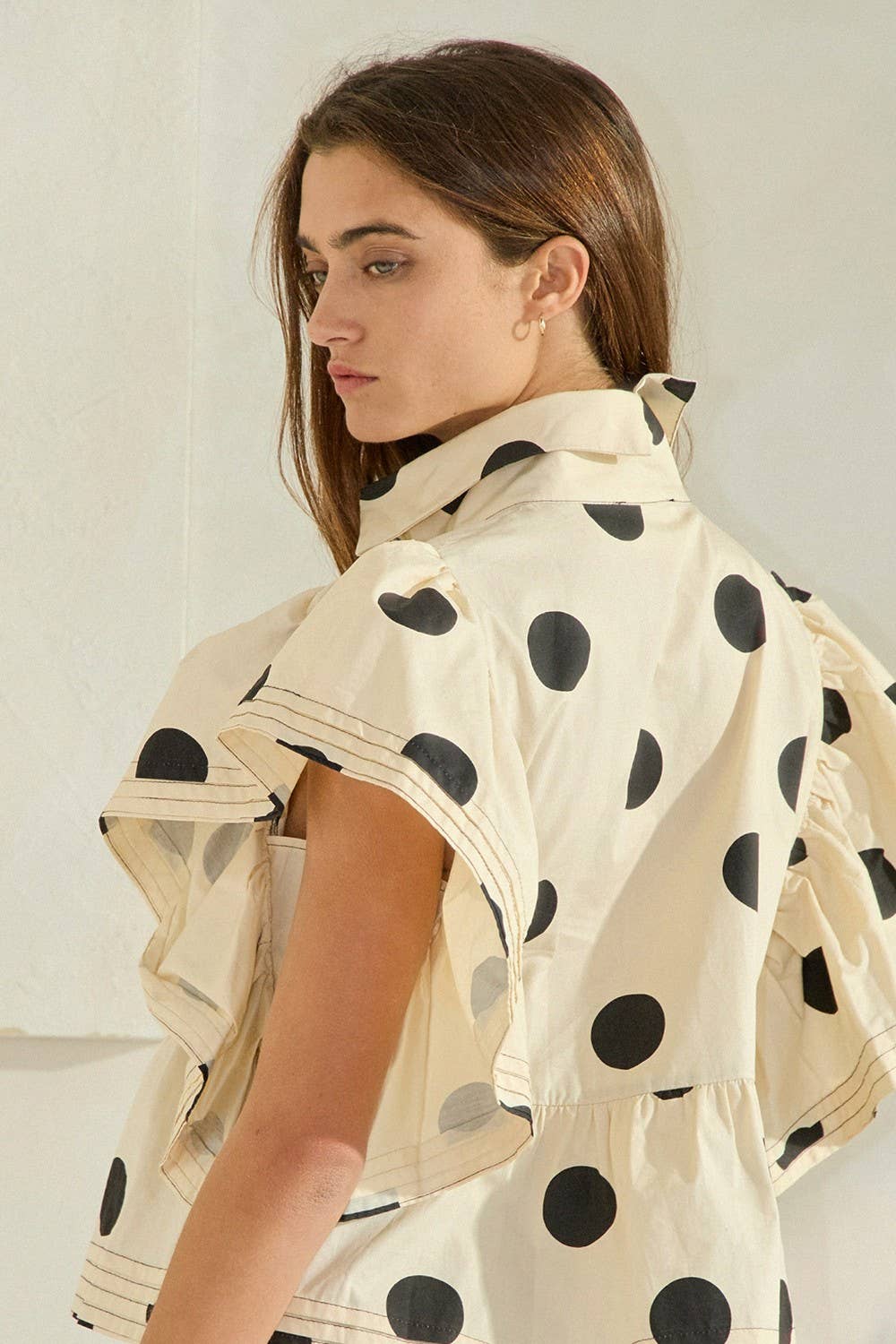 Ruffle Sleeves Pintuck Detail Polka Dot
