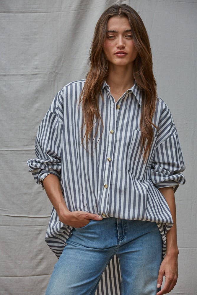 Cotton Striped Oversized Shirt Taupe