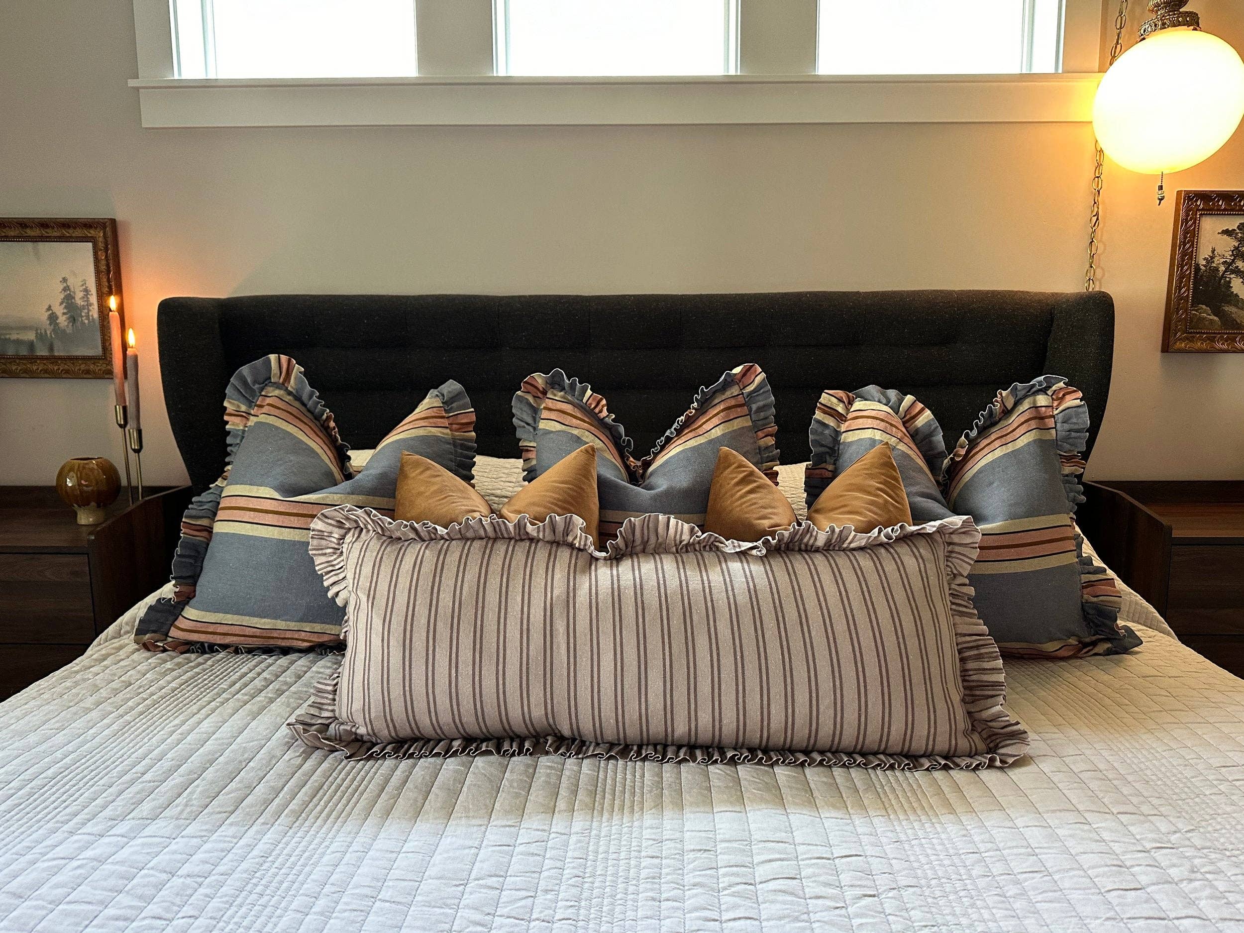 Oatmeal Striped-Ruffle Lumbar Pillow Cover: 14x35 Cover Only