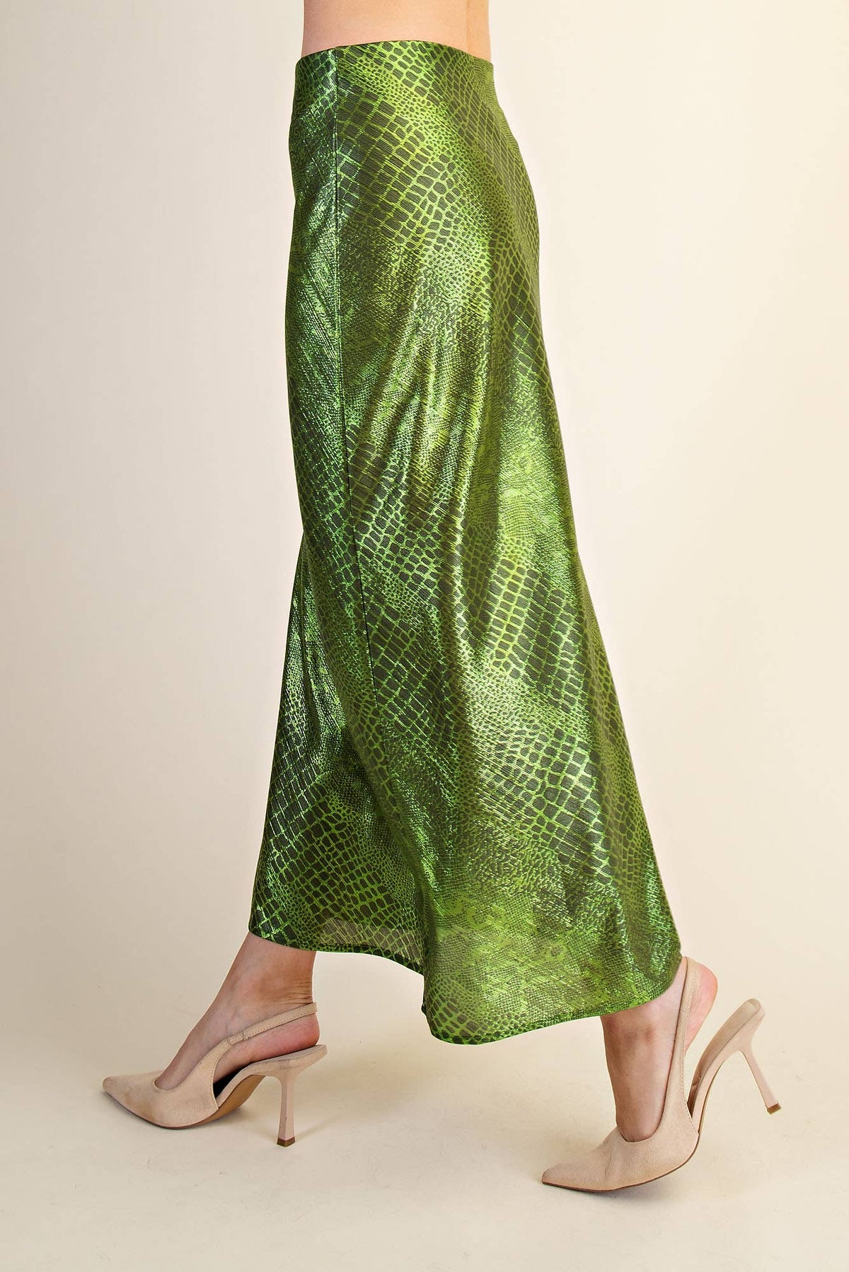 Metallic Animal Print Midi Skirt: Silver / S
