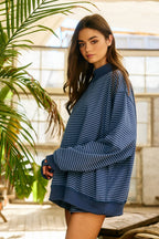 IT2594-STRIPE1 | Stripe Print Mock Neck Oversized Sweatshirt: PEACH / BLUE / S/M-L/XL (3-3)