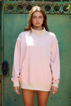 IT2594-STRIPE1 | Stripe Print Mock Neck Oversized Sweatshirt: PEACH / BLUE / S/M-L/XL (3-3)