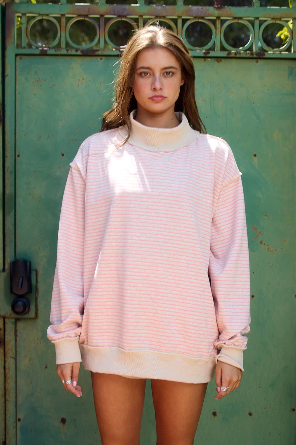 IT2594-STRIPE1 | Stripe Print Mock Neck Oversized Sweatshirt: PEACH / BLUE / S/M-L/XL (3-3)