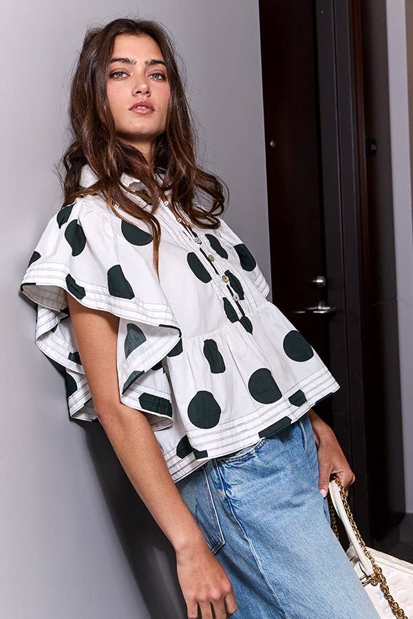 Ruffle Sleeves Pintuck Detail Polka Dot