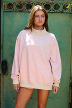 IT2594-STRIPE1 | Stripe Print Mock Neck Oversized Sweatshirt: PEACH / BLUE / S/M-L/XL (3-3)